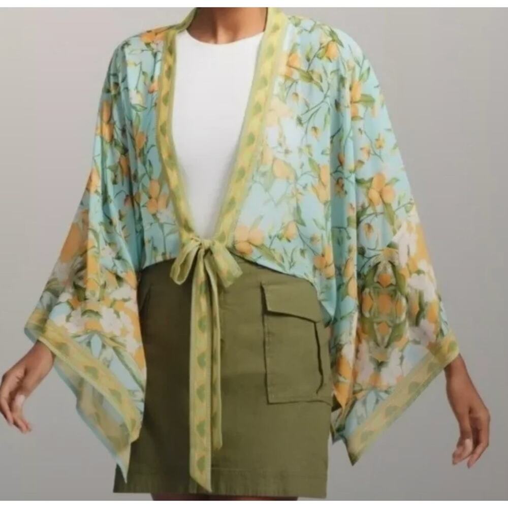Anthropologie Pilcro Kimono Aqua Blue Lemon Print Lightweight Boho Beachy OS - Picture 15 of 15